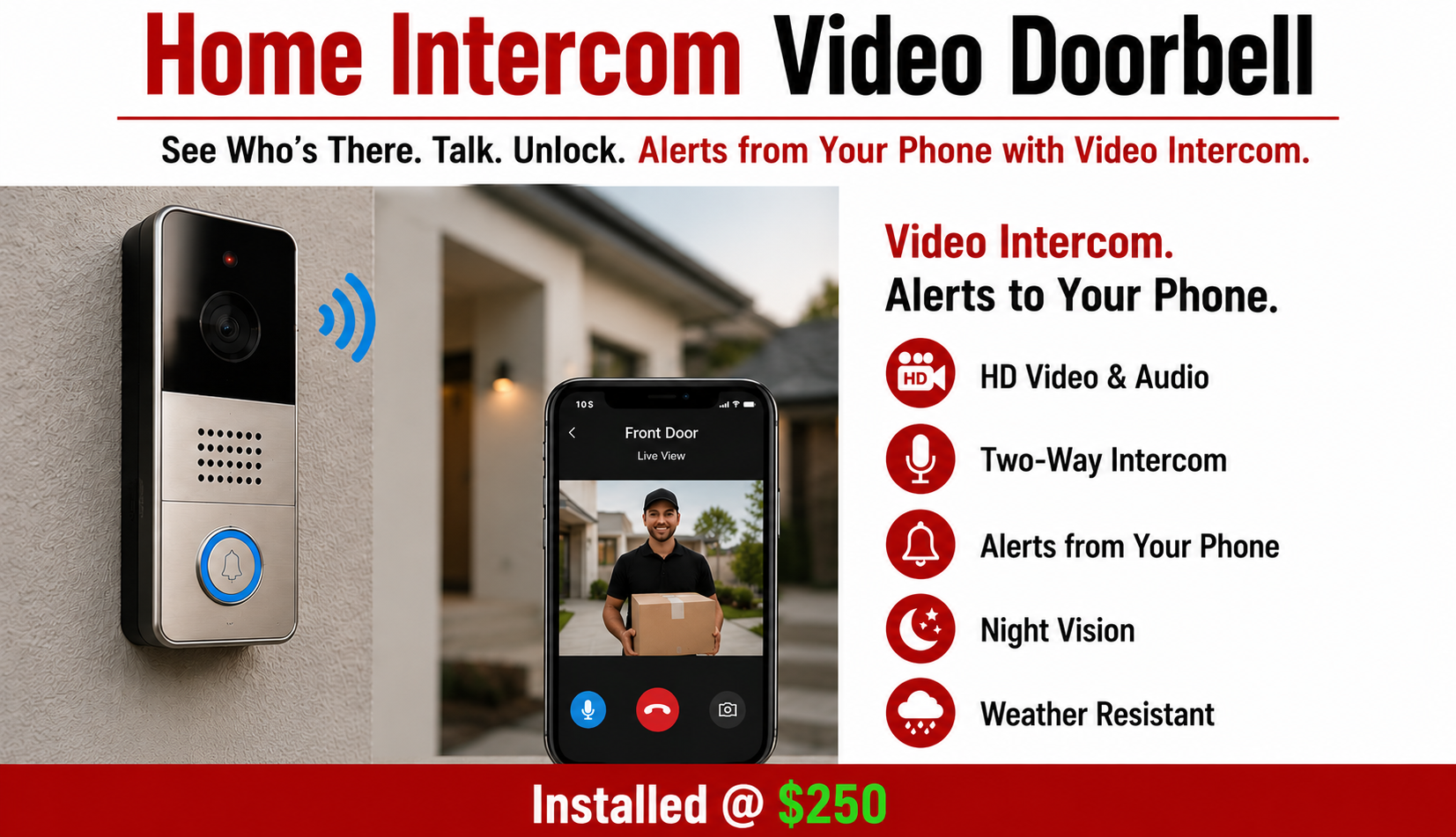 Home intercom video doorbell: HD video and audio, two way intercom, alerts from your phone, night vision, weather resistant, installed at $250