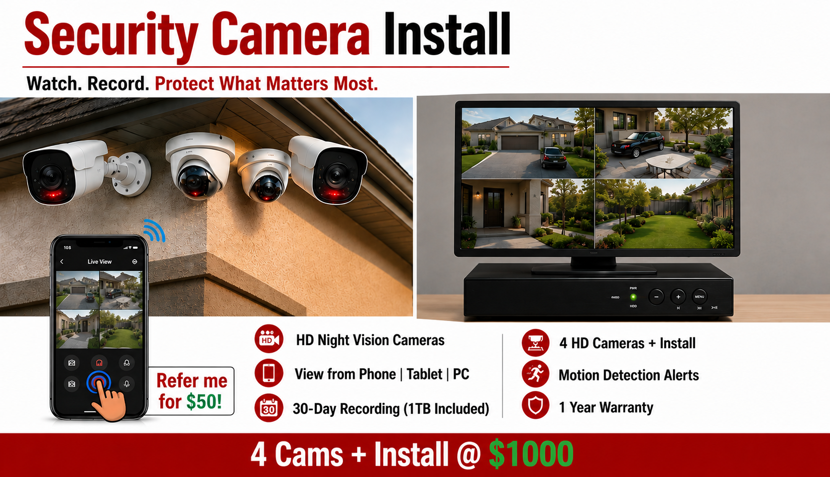 Security camera install: HD night vision cameras, view from phone, tablet or PC, 30 day recording with 1TB included, 4 HD cameras plus install, motion detection alerts, 1 year warranty, 4 cams plus install at $1000